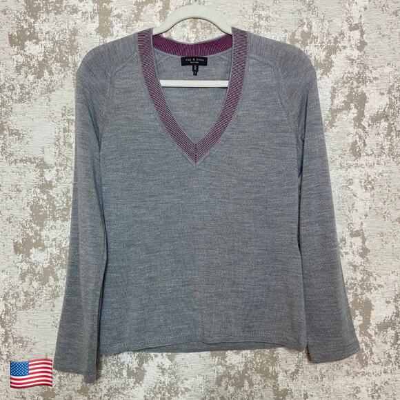 Rag & Bone Pamela 100% Merino Wool V Neck Sweater in Grey/Purple - Picture 1 of 4